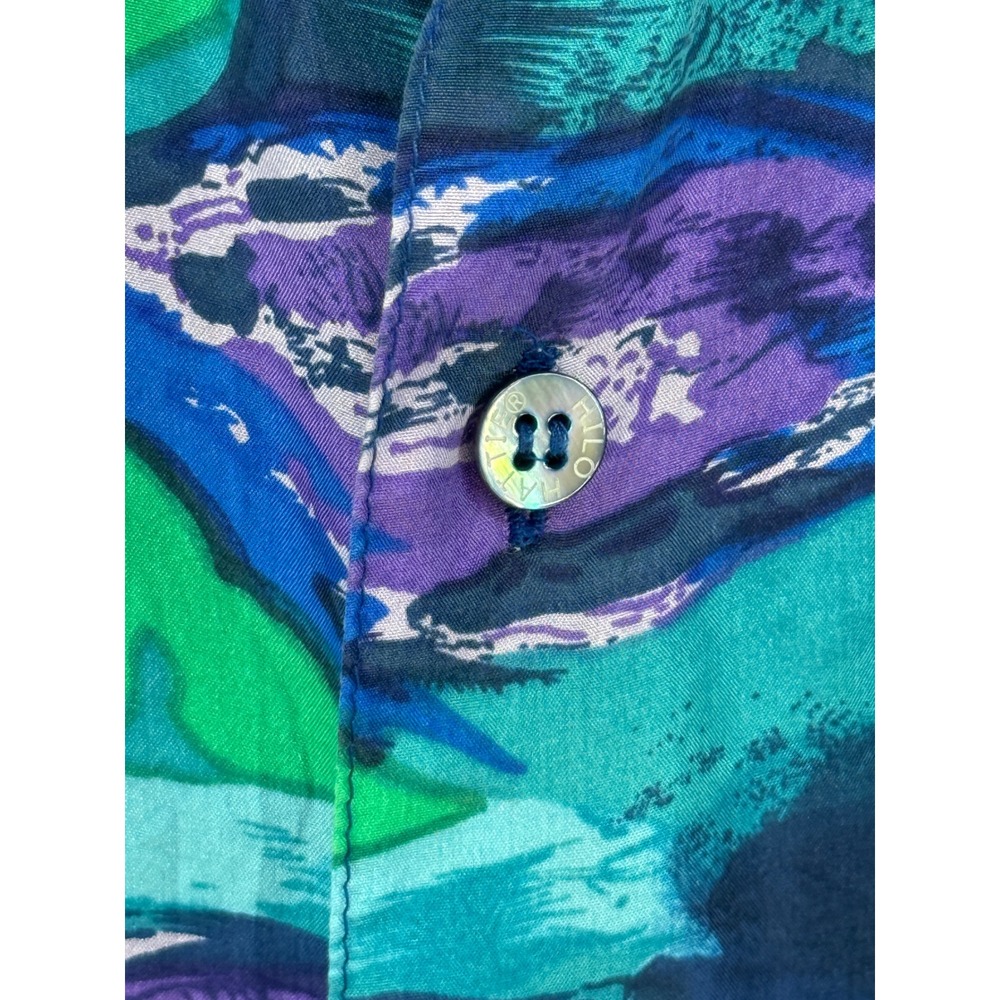 Hilo Hattie Mens XL Blue Purple Fish Print 100% Silk Short Sleeve Aloha Shirt - Picture 4 of 10
